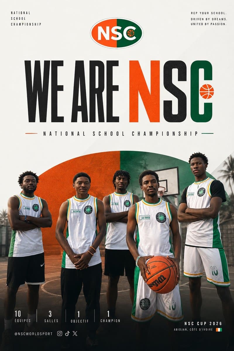 Affiche WE ARE NSC, National School Championship : cinq joueurs en maillot blanc et vert sous un panier, NSC CUP 2026 à Abidjan